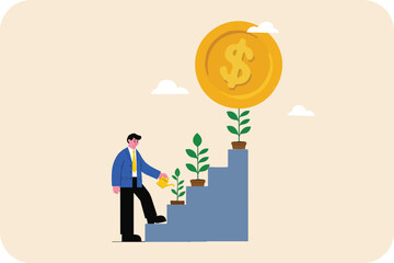 Obraz premium Businessman and business concept, smart businessman watering a flourishing money tree to get a giant doller coin