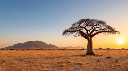 Majestic baobab tree at sunrise in african savannah landscape