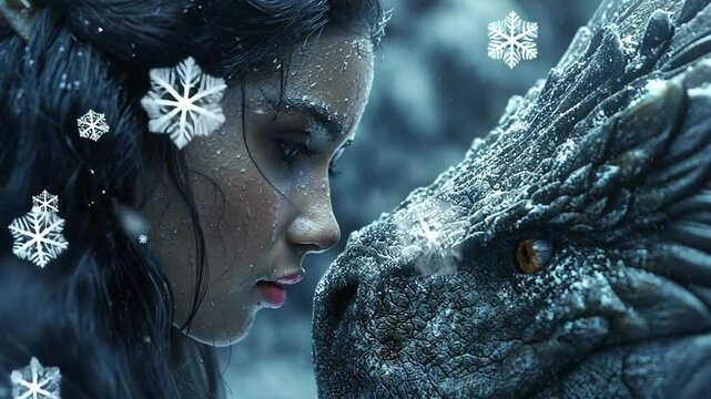 Junge Frau blickt einem riesigen Drachen in die Augen