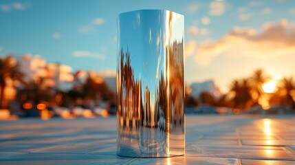 Reflective metal cylinder at sunset with blurred urban skyline and palm trees
