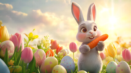 A charming Easter bunny holding a carrot in its paw, surrounded by blooming flowers, bright Easter eggs, and soft morning light in a peaceful meadow.A charming Easter bunny holding a carrot in its paw