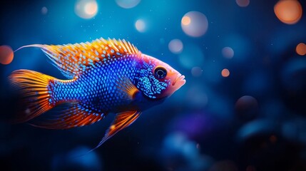 Fototapeta premium A colorful cichlid fish with intricate patterns on its fins, illuminated by holographic lighting in a surreal fantasy underwater world with shimmering orbs