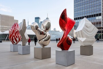 Contemporary abstract sculptures in urban outdoor exhibit with red and silver designs