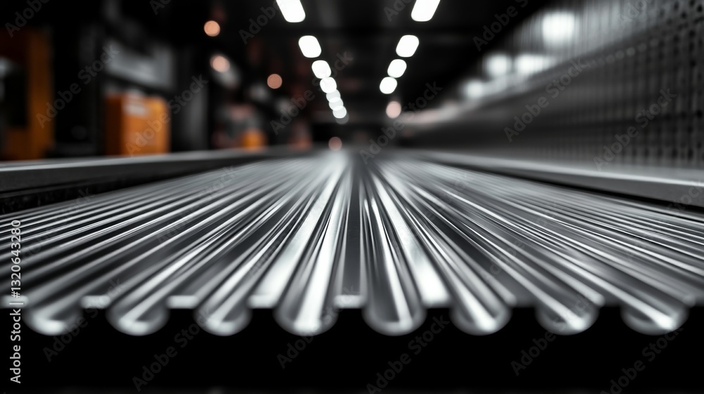 Poster close-up view of steel rods on a production line in a modern manufacturing facility. the facility is