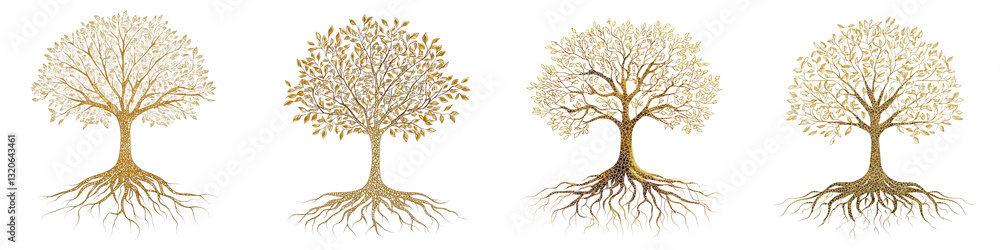 Poster elegant and stylized trees with branching roots and seasonal foliage displayed in a variety of compo