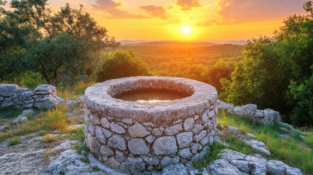 Sunset view of a stone well atop a hill overlooking a verdant landscape