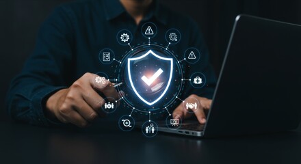 A person with magnifying glass over a shield icon, tech icons.