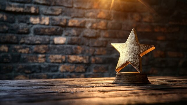 Smoky textured brick wall with dynamic lighting, golden star award trophy glistening on a rustic wooden table, dramatic shadows, ultra-realistic, cinematic lighting
