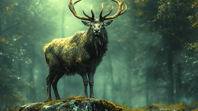 Leuchtender Hirsch steht majest&auml;tisch in einer mystischen Landschaft