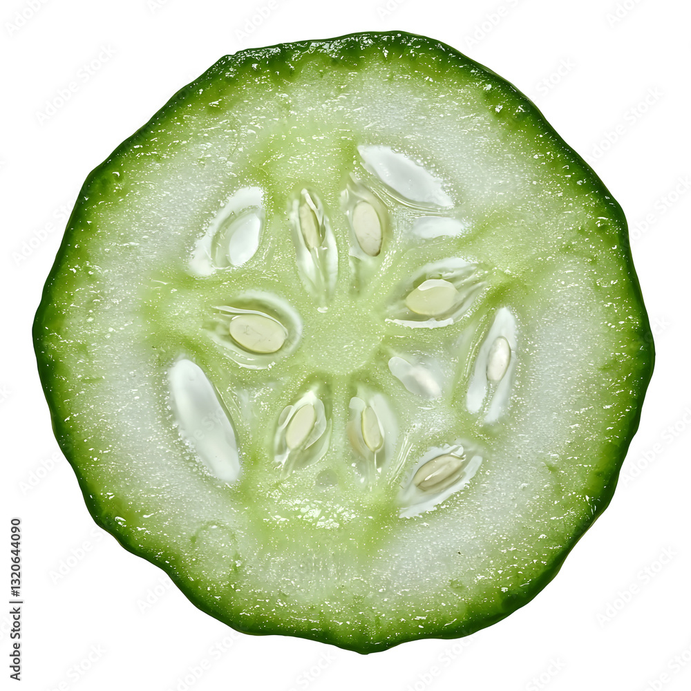 Poster highly detailed and close up image of a crisp juicy and glossy cucumber slice isolated on a transpar