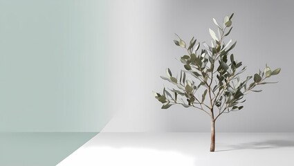 Obraz premium Green tree in a vase with decorative leaves and floral designGreen tree in a vase with decorative leaves and floral design