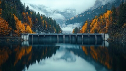 Fototapeta premium A large hydroelectric dam stands proudly as it reflects in the calm waters of a reservoir surrounded by vibrant autumn trees and majestic mountains under a cloudy sky