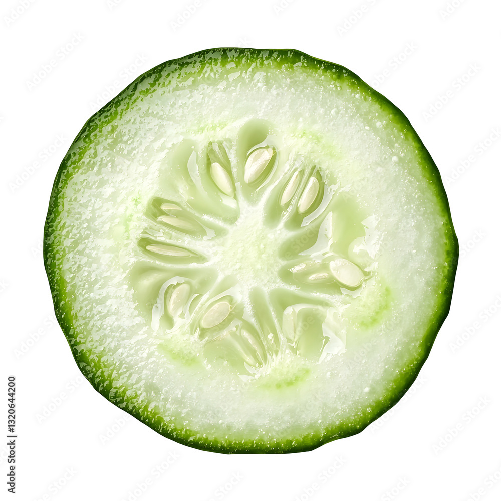 Poster elegant and minimalist close up photograph of a fresh cucumber slice showcasing its soft green hues 