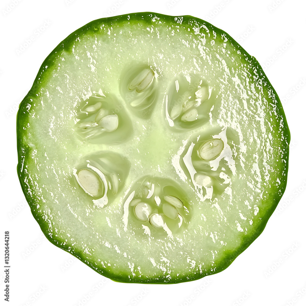 Poster freshly sliced cucumber round with smooth slightly bumpy skin and an intricate seed pattern inside f
