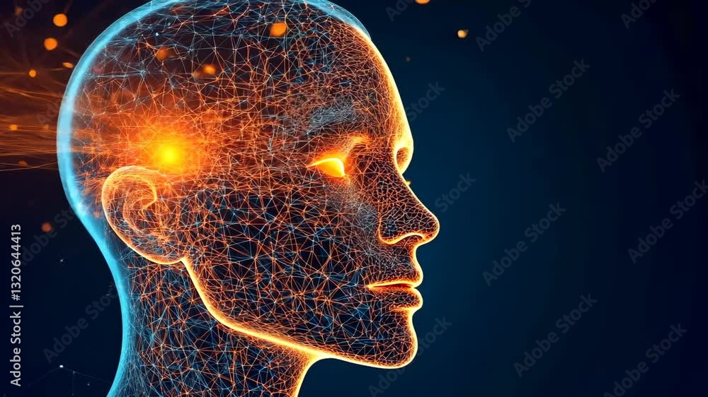 Poster woman's face is shown in a computer generated image with a glowing orange eye. the image is abstract