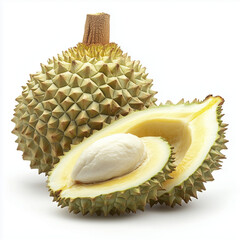Obraz premium Durian fruit showing cut section and whole durian
