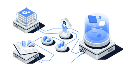 Data Analytics Process with Machine Learning and Dashboard Visualization Isometric Vector Illustration.