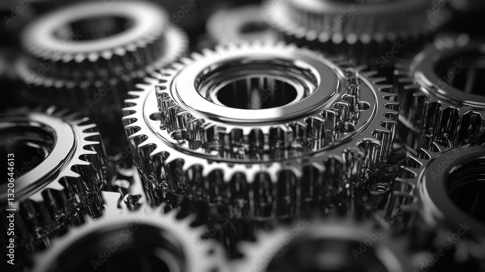 Poster Metal gears are arranged closely together, emphasizing the intricate design and engineering involved in modern manufacturing. The focus is on automation and precision.