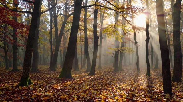 Autumn forest with sunlight streaming through trees and falling leaves