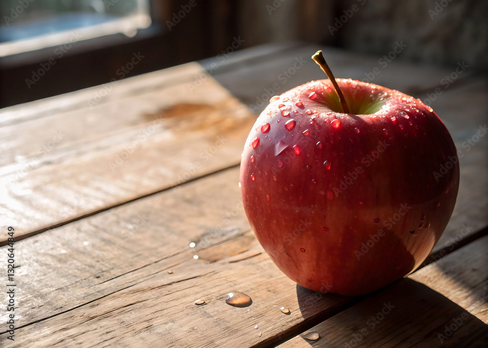 Poster a fresh red apple is placed on a wooden table with droplets of water glistening on its surface.