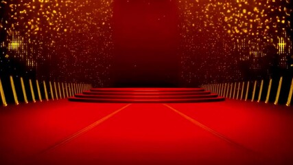 4K looping animation of a luxurious red carpet elegantly flowing toward a grand podium, bathed in shimmering golden light and sparkling particles. Perfect for award ceremonies, VIP events
