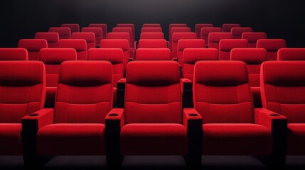 Obraz premium Empty Red Theater Seats in a Dark Cinema Hall Ready for Moviegoers to Enjoy a Film Experience
