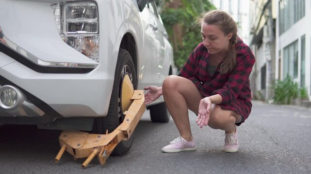 Yellow wheel clamp on an illegally parked car