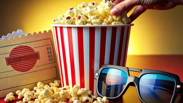 Striped popcorn busket and 3d glasses at cinema, movie time with retro ticket, concept of entertainment, film