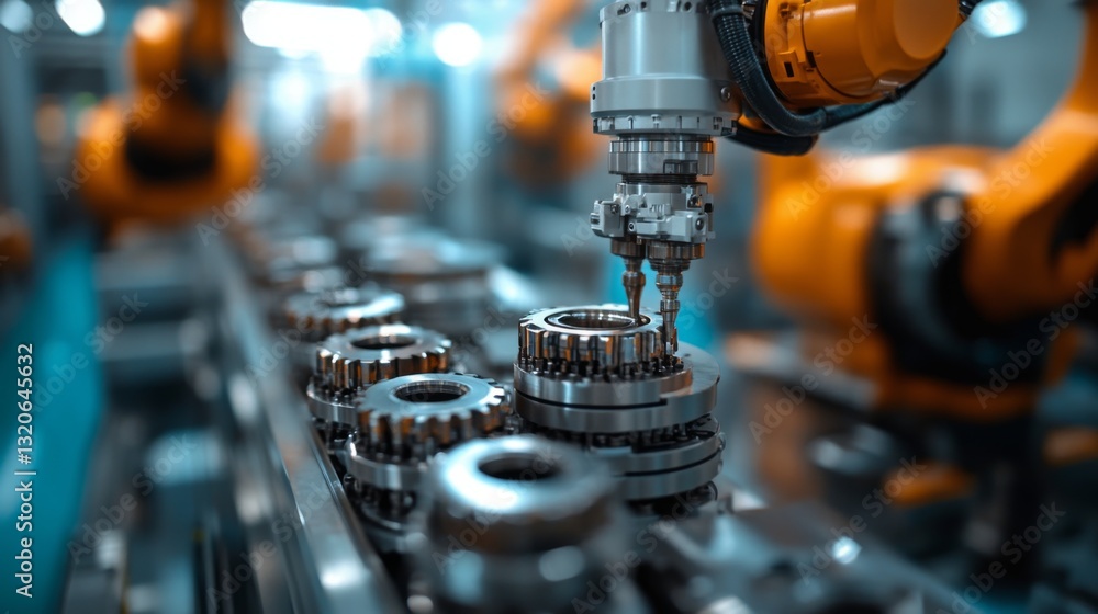 Aufkleber Advanced robots are assembling metal gears in a factory setting, showcasing precision engineering in a vibrant industrial environment focused on automation and efficiency.