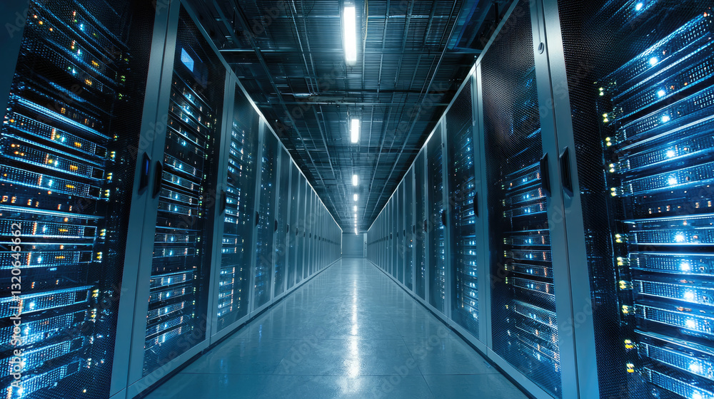 Leinwandbilder modern data center corridor with illuminated server racks, showcasing advanced technology and organi