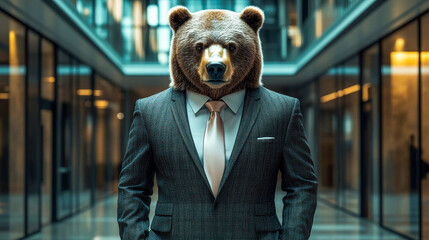 Bear in a strict business suit and tie stands in the lobby of a business center for a business meeting