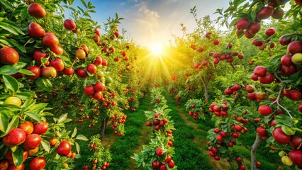 Aerial View of Jujube Orchard, Ripe Red Jujube Fruits Hanging from Branches, Drone Photography