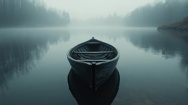 A foggy lake with dark waters, a single old rowboat floating aimlessly, creating an eerie atmosphere 