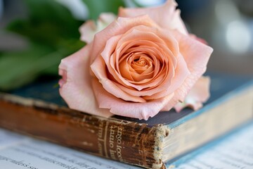 Elegant peach rose on vintage book with soft focus background