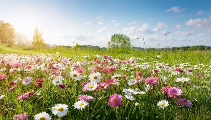 Fototapeta premium meadow with lots of white and pink spring daisy flowers in sunny day nature landscape in estonia in early summer