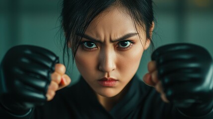 Determined Martial Artist Focused on Training with Intense Expression and Gloved Hands Ready for Action