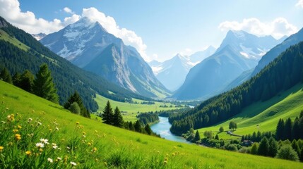 Fototapeta premium Serene Mountain Valley Landscape Lush Green Meadows, Coniferous Forests, and Majestic Snow-Capped Peaks Reflecting the Tranquil Beauty of Nature