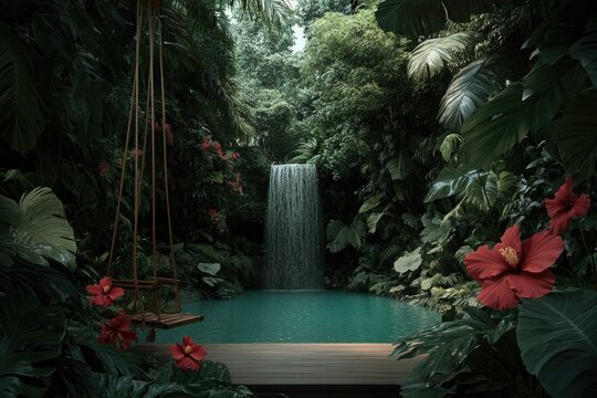 Fototapeta tropical hawaiian waterfall hidden deep in lush jungle cascading into serene emerald-green lagoon