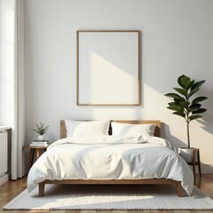 Cozy minimalist bedroom, white bedding, wooden bed, wall art mockup , gallery wall, calm bedroom, home styling