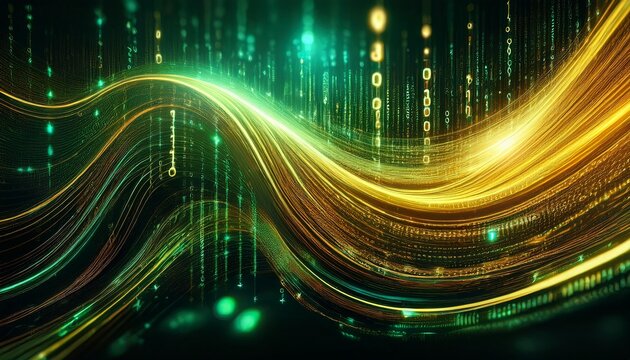 flowing stream of binary code in green and yellow hues representing data transfer and technology