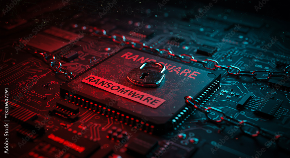 Poster ransomware cyber attack concept on circuit board, digital security threat visualization with padlock