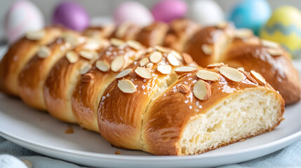 A close-up of a freshly sliced braided Easter bread with almond slices and sugar glaze, placed on a white plate with a few colorful Easter eggs in the background.