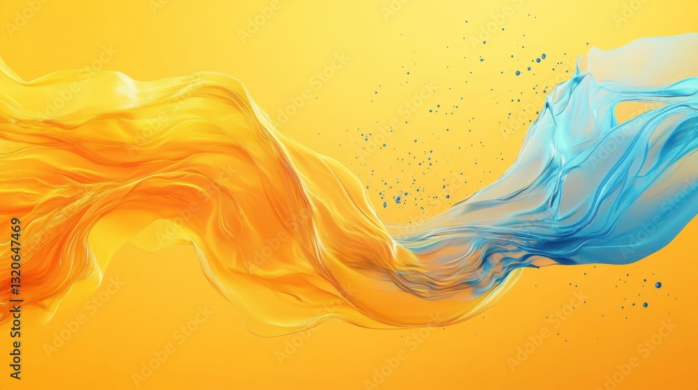 Poster an abstract image features flowing ribbons of orange and blue against a yellow background, creating 