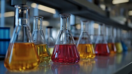 Laboratory equipped with various glass beakers filled with colorful chemical solutions is actively used for synthesis and processing at a petrochemical facility.