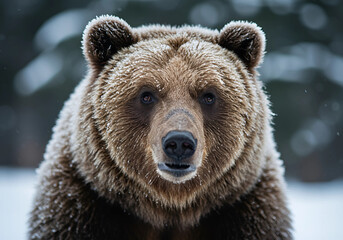 Close-Up Brown Bear Portrait in Snowy Environment