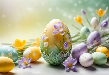 Fototapeta premium Bright crocus buds and transparent Easter egg on a pastel background