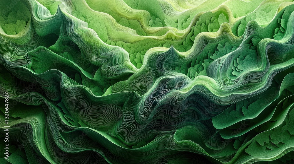 Poster an abstract, layered composition with a focus on flowing green forms creating an artistic landscape.