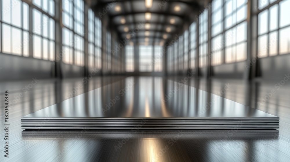 Fototapete stacks of polished aluminum sheets are organized within a spacious factory. the bright environment s