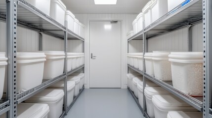 Obraz premium A clean, organized storage area with white containers on metal shelves, leading to a door at the end, emphasizing orderliness and functionality.