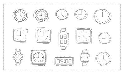 clock icon, hand drawn clock icon, doodle clock icon set